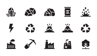 Energy and natural resource icons set featuring volcanic mountains and industrial factories. © MDIKRAM