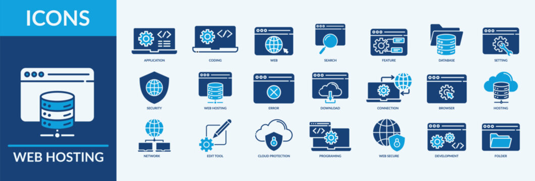 Web Hosting icon set. Thin flat blue Set contains such Icons as application, edit tool, browser and more. Simple web icons set