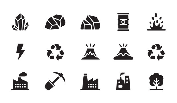 Energy and natural resource icons set featuring volcanic mountains and industrial factories.
