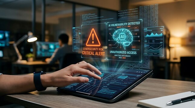 Hand interacting with a tablet displaying a critical cybersecurity alert about AI vulnerability and unauthorized data access detected.