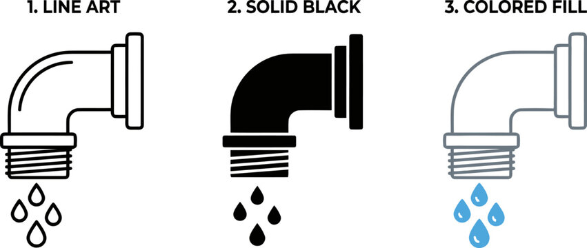 Plumbing pipe with leaking water drop outline and solid icon set