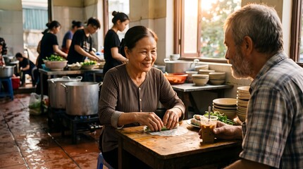 Fototapeta premium Happy senior Asian couple preparing food together in a busy community kitchen, rolling fresh spring rolls.