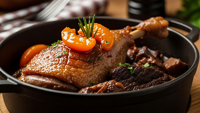 Gourmet Duck Confit with Apricots and Herbs, Richly Braised in Sauce