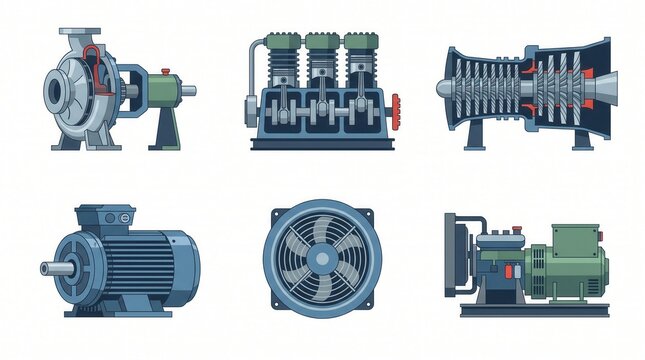 Industrial illustrations show pump, engine, turbine, motor, fan, generator
