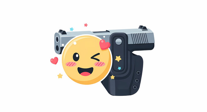 Funny Love Emoji with Handgun Illustration, Romantic Weapon Concept, Cute Wink Face with Pistol Icon