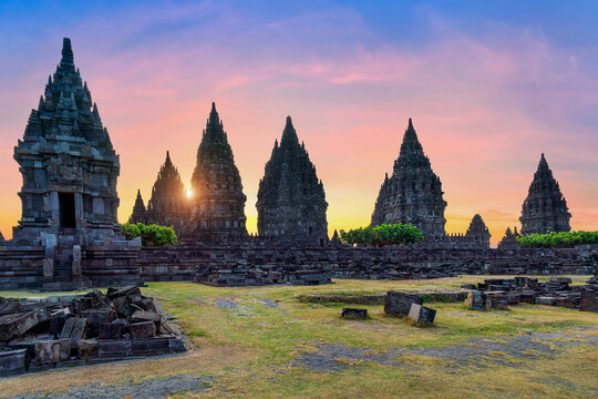 Prambanan Temple at sunset in Yogyakarta, Java, Indonesia.