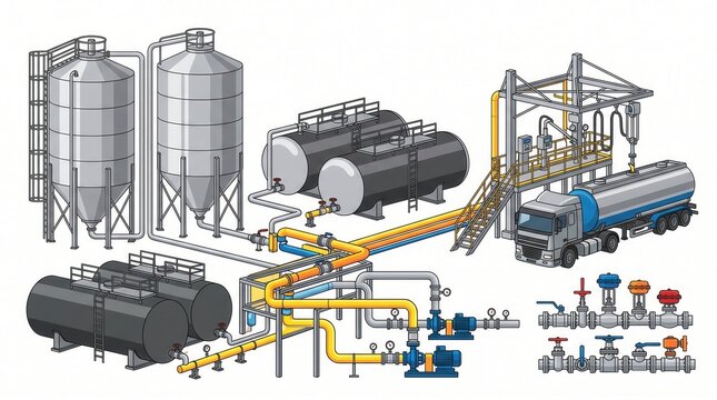 Industrial plant illustration showing storage tanks silos pipelines pumps and a tanker truck