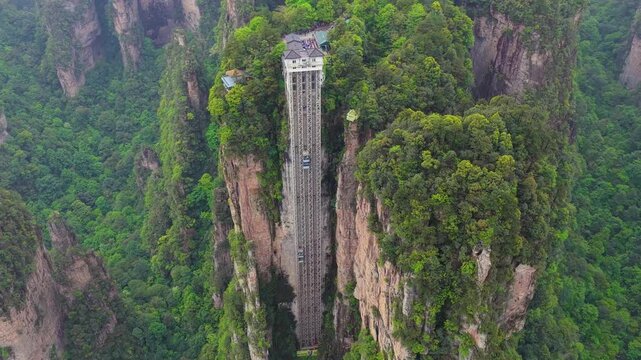 Aerial View of  Bailong Elevator in Zhangjiajie National Forest Park, Wulingyuan, Hunan Province, China
