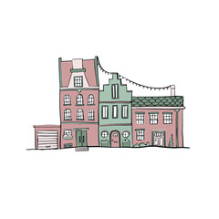 Naklejka premium Three terrace houses cartoon drawing in pink and green. Featuring fairy lights and a garage. Hand drawn.