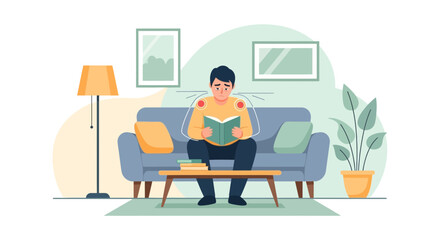 Fototapeta premium Relaxed man reading book on sofa, indoor home ambience