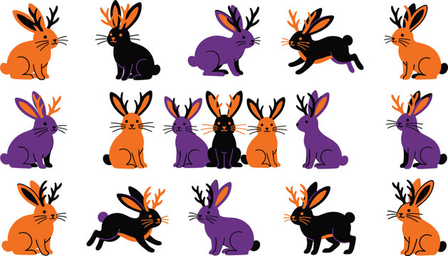Cute Halloween jackalope vector set with spooky orange purple and black cartoon horned rabbit characters on white background