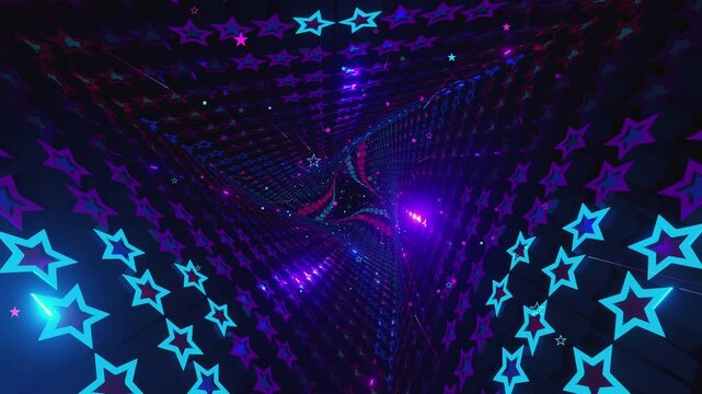 Seamless VJ loop with glowing neon stars spiral tunnel and psychedelic motion for high-tech club visuals, electronic music festivals, stage screens and for LED video walls

