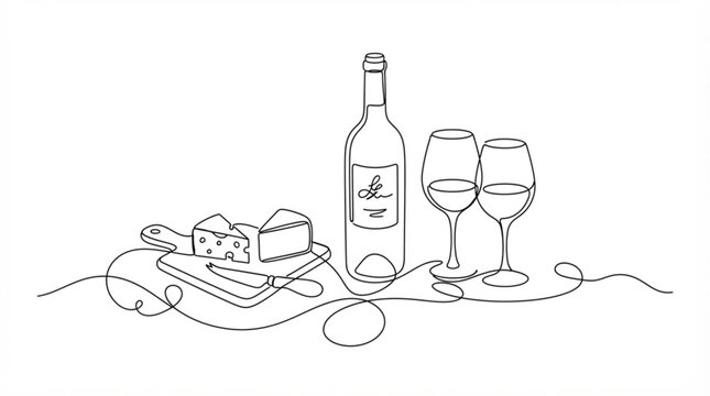  Continuous line art of wine bottle with glasses and cheese vector minimalist romantic dinner icon set