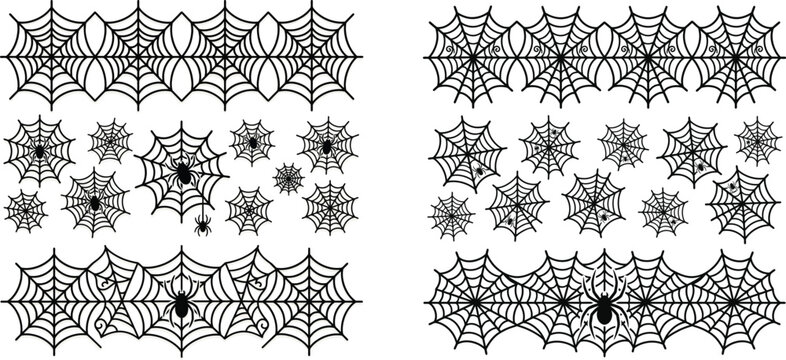 Set of black spider webs and spiders for halloween decorations and border designs with halloween ornament silhouette background decoration creature celebration isolated seasonal illustration