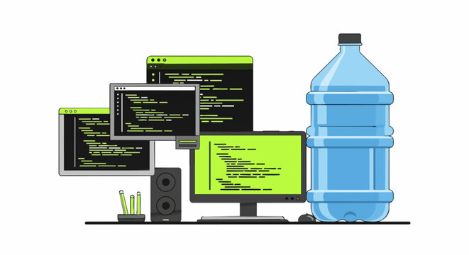 Software Developer Workspace with Coding Windows and Large Water Cooler Jug Illustration