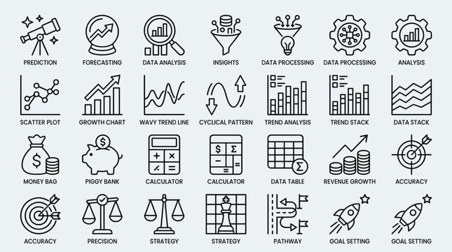 Data analysis and financial forecasting icons set including growth charts market trends profit calculation accuracy metrics strategy planning and business investment.