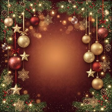 Festive christmas ornaments and pine branches forming a decorative border on a red background