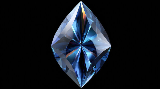 A shimme blue gemstone with intricate facets reflects light brilliantly against a stark black background, creating a captivating and luxurious visual effect.