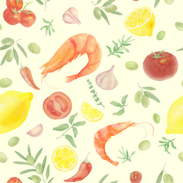 Mediterranean Watercolor Kitchen Seamless Pattern