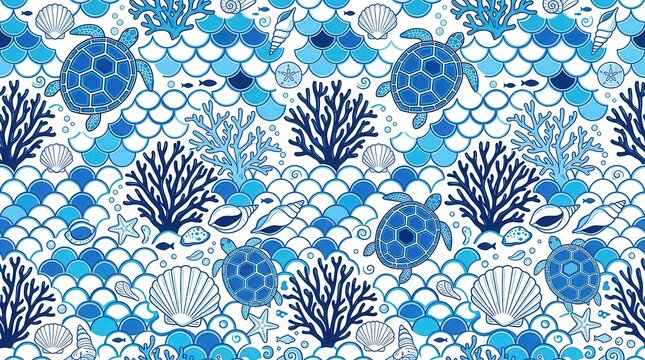 Seamless pattern of blue sea turtles, varied coral, and shells on white ocean waves