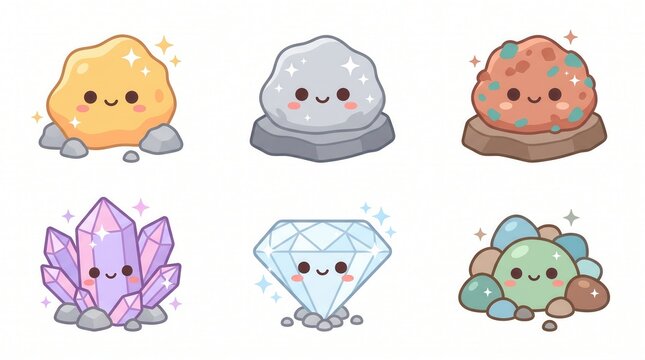 Six cute cartoon minerals, rocks, and a diamond smile with sparkly features on white