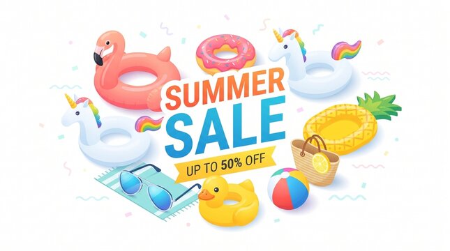 Summer sale banner with pool floats and beach accessories isolated on white background