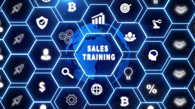 Corporate training data networks cluster online business education icons over hex grids. Human resource management setups use a corporate training data networks chart loop.