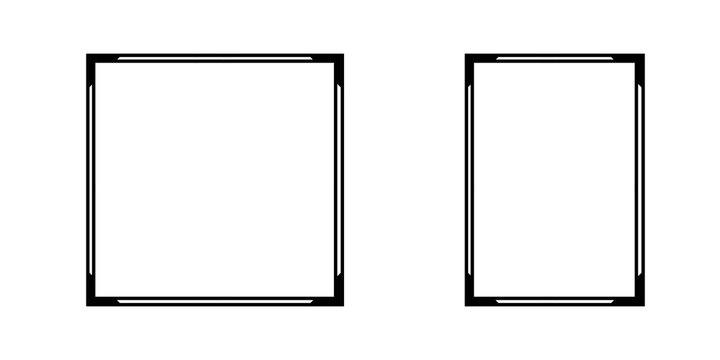 Minimalist black border frames illustration set for design including square and vertical rectangle shapes on white background with various orientations isolated
