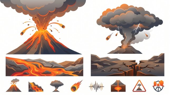 Volcanoes spew ash and lava, flowing magma cuts through land, and ground cracks appear clearly