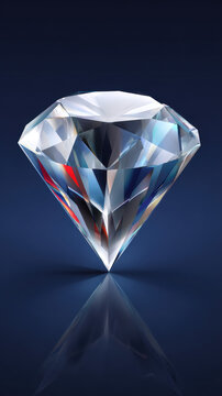 A shimme diamond gem with multifaceted surfaces, exhibiting brilliant reflections, is displayed against a dark blue gradient background with a mirrored surface.