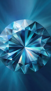 A beautifully rendered blue gemstone glows with a radiating light effect, showcasing its intricate facets and stunning clarity against a gradient blue background.