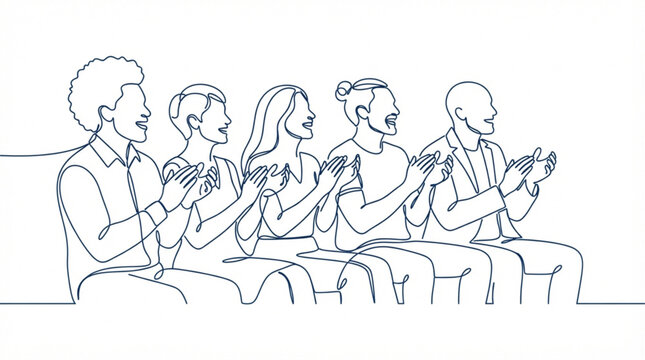 Continuous single line art of people clapping hands crowd audience applause minimalist blue vector illustration