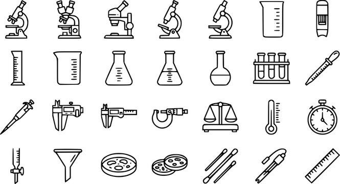 Science and laboratory equipment line art icons featuring microscopes and measuring tools.
