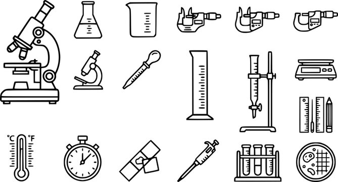 Science and laboratory equipment line art icons featuring microscopes and measuring tools.
