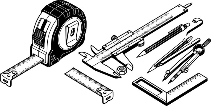 Construction and engineering measurement tools featuring tape measures and sharp calipers.
