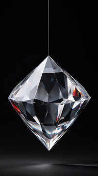 A flawlessly cut diamond hangs suspended by a thin thread against a stark black backdrop, showcasing its brilliance and exceptional clarity and shine gem.