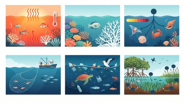 Six panels illustrate ocean warming, pollution, overfishing, acidification, and coral reef health