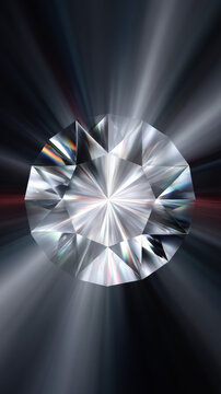 A gleaming diamond radiates light with intricate facets, captu a sense of luxury and timeless elegance against a blurred colorful background pattern.