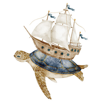 Turtle watercolor illustration. Sea turtle carrying sailing ship on isolated background. Fantasy nautical animal for nursery poster, ocean themes and baby storybook artwork. Art for children.