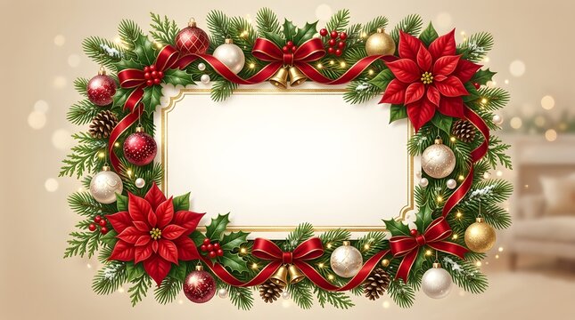 Festive christmas wreath with poinsettia flowers and ornaments on a golden background