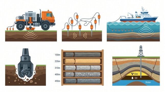 Diagrams: seismic surveying (land/sea), drilling, core sampling, oil and gas extraction