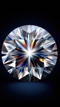 An exquisitely cut round diamond reflects light in a mesmerizing pattern, showcasing its brilliance and clarity against a deep dark background, a precious gem.