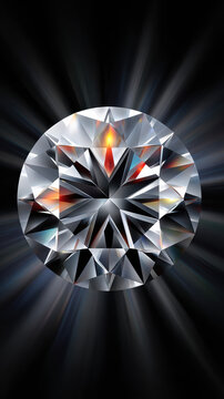 The stunning round cut diamond brilliantly reflects light with radiating rays against a dark backdrop showcasing its exceptional clarity and sparkle beautifully.