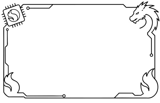 Digital frame featuring a tech circuit border with a dragon icon and fire flame elements