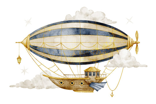 Airship watercolor illustration. Vintage zeppelin with clouds on isolated background. Fantasy flying transport for nursery poster, travel themes and baby storybook artwork. Art of zeppelin.