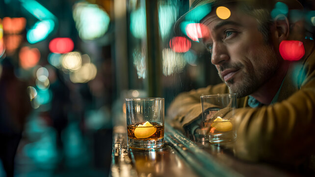 Man in hat contemplating at a bar with bokeh city lights
