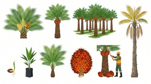 Palm oil stages: seed, seedling, mature tree, harvest