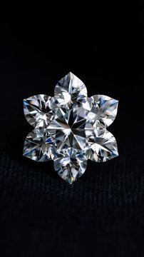 A brilliant flower-shaped diamond sparkles against a dark background, showcasing its intricate facets and captivating radiant light, luxury, wealth and glamour.