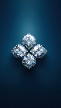 Four sparkling diamond gemstones are arranged in a beautiful floral pattern against a rich teal background, creating a luxurious and elegant jewelry design.