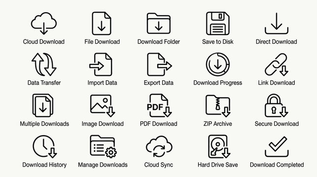 Data download line icon set featuring cloud download file download folder save to disk direct download data transfer import data export data download progress.